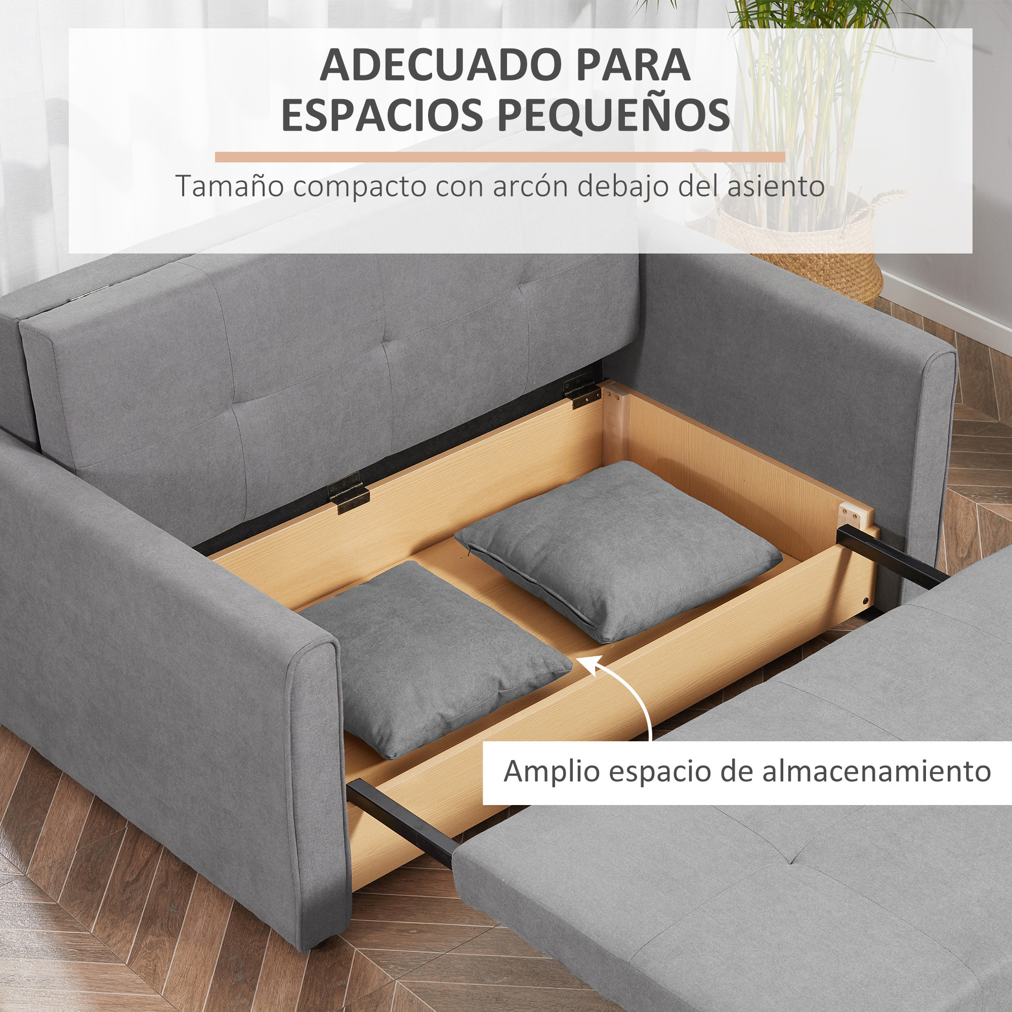 Sofá Cama de 2 Plazas con 2 Cojines Desmontables Reposabrazos Base de Almacenaje