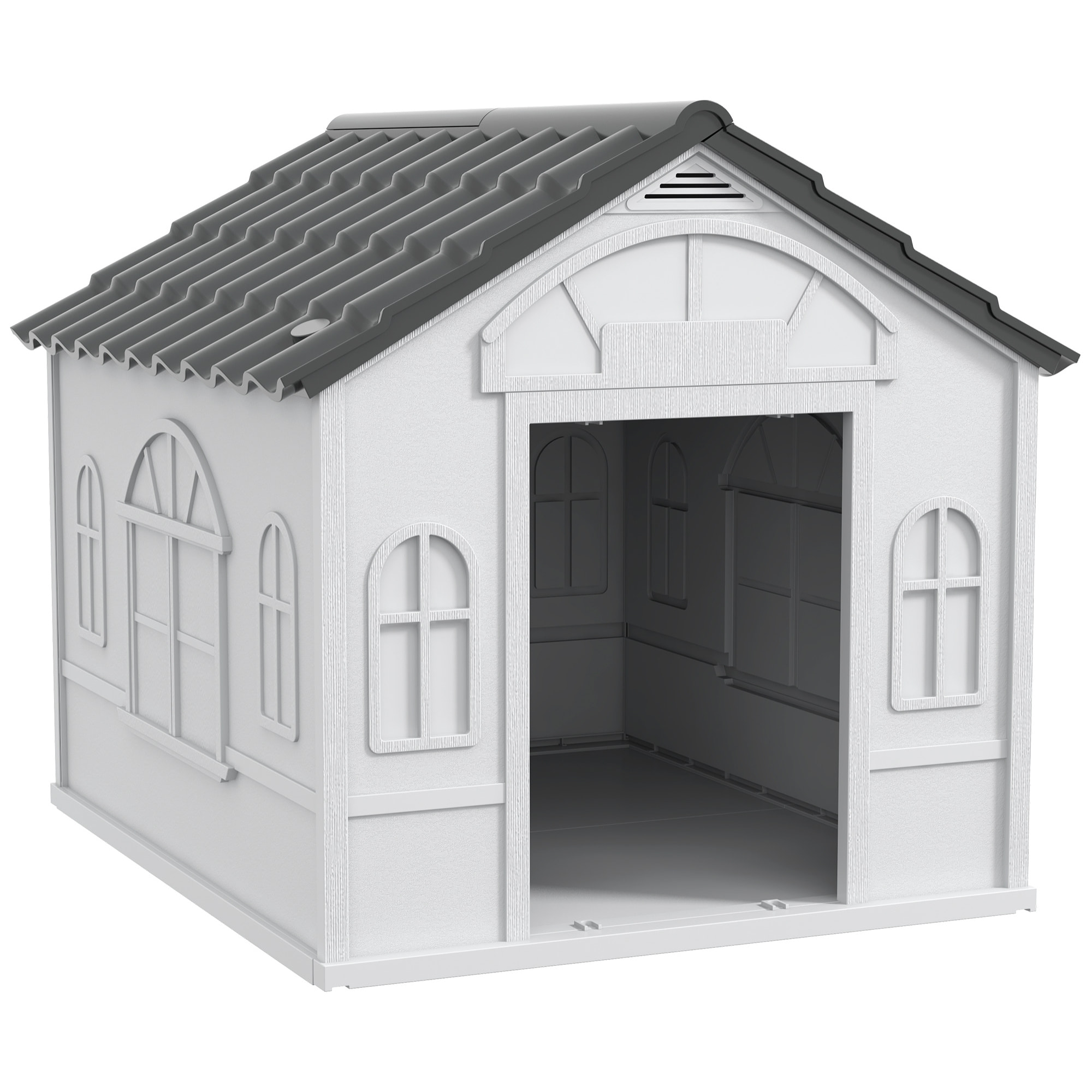 Caseta para Perros Exterior 84,2x98,2x82 cm Casa para Perros con Patrón de Ventana y Techo de Tejas de Imitación para Perros Grandes Gris y Blanco