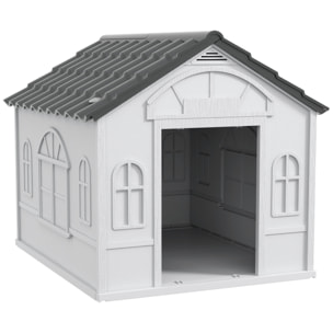 Caseta para Perros Exterior 84,2x98,2x82 cm Casa para Perros con Patrón de Ventana y Techo de Tejas de Imitación para Perros Grandes Gris y Blanco