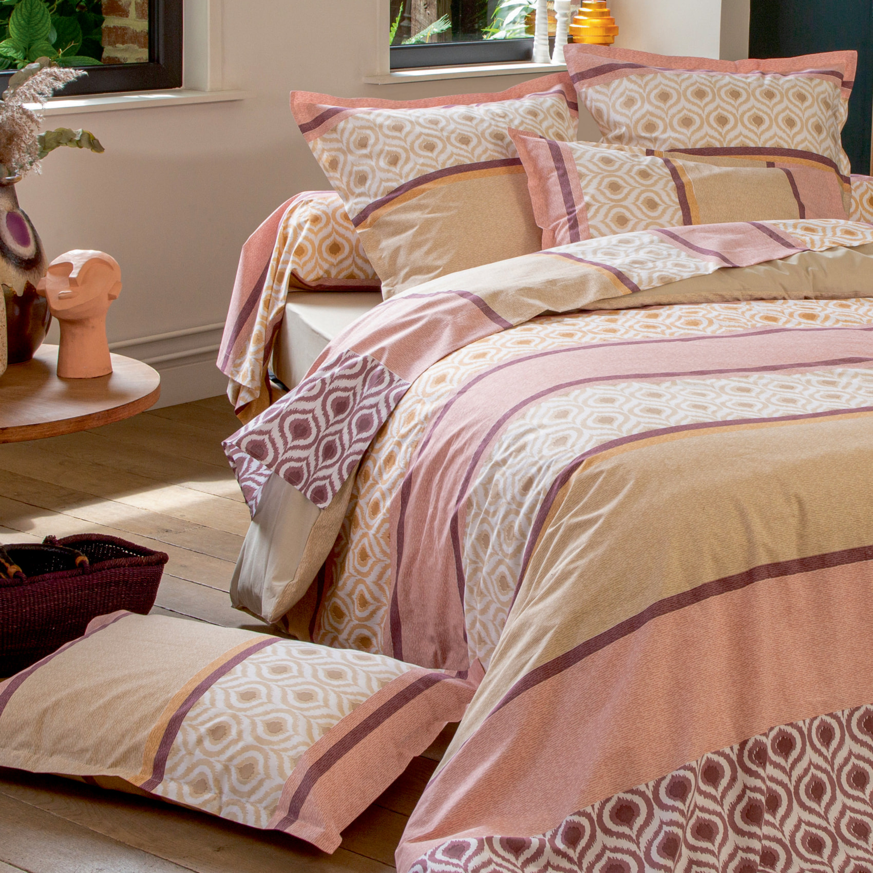 Parure de lit 3 pièces coton ethnique housse + taies - Rose