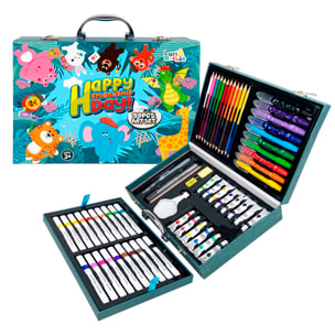 Maletin bellas artes 99 piezas con lapices y rotuladores, acuarelas, ceras pastel, pinceles y accesorios. Diseño animales.