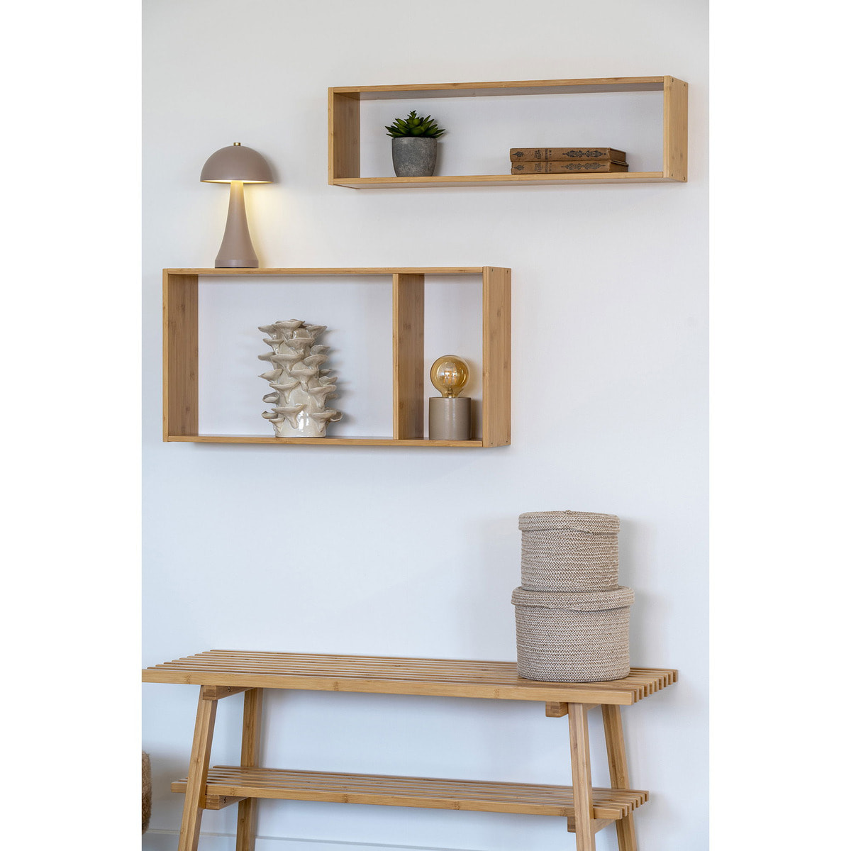 Scultura decorativa in gres beige a forma di funghi sovrapposti 18×15×24 cm