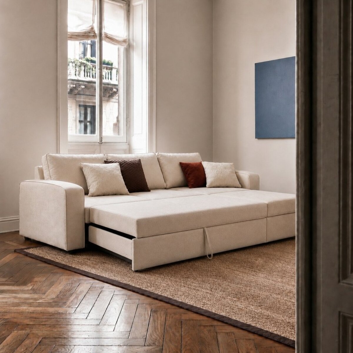 Canapé d'angle Kubor -textile, mousse pu, bois et panneau de particules-couleur beige 238 x 88 x 157 cm