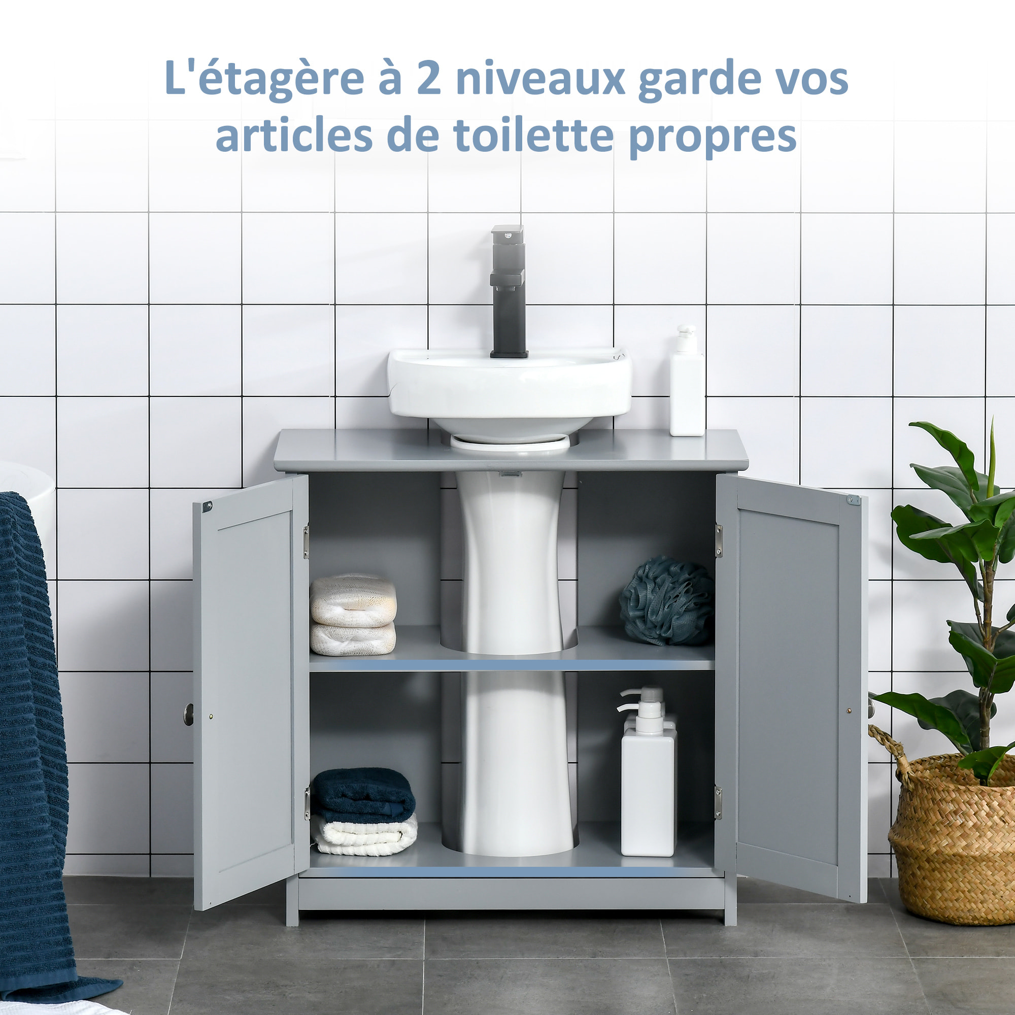 Meuble vasque - meuble sous-vasque - 2 portes rainurées avec étagère réglable - poignées métal chromé - dim. 60L x 30l x 60H cm - MDF gris