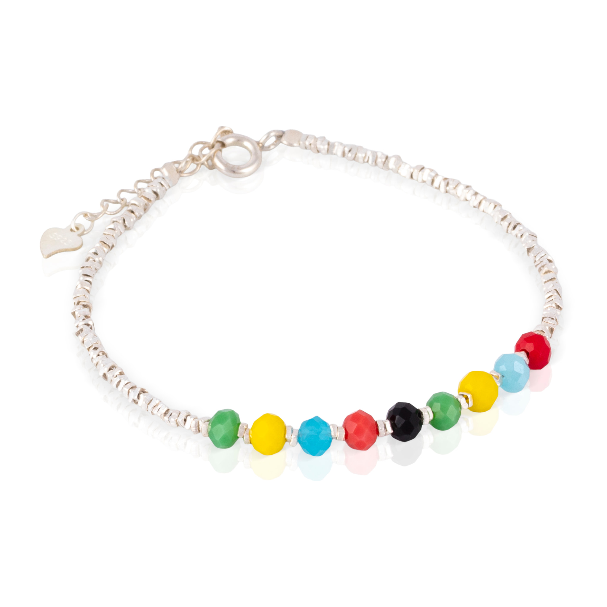 Pulsera plateada con diseño de cuentas de cristal multicolor, detalles en plata de ley 925 y cierre de resorte.