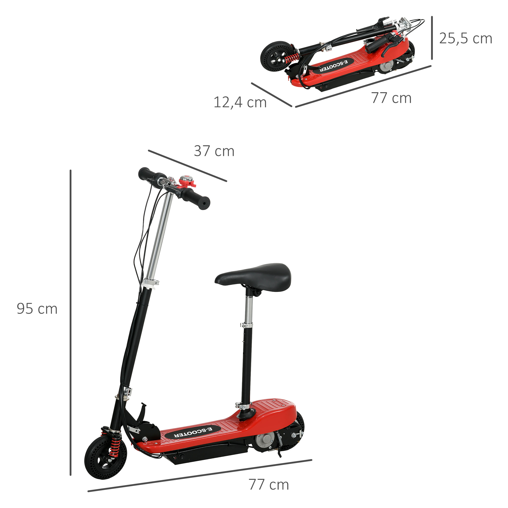 Trottinette électrique pliable enfant 120 W guidon selle réglable 15 Km/h max. suspension AV sonnette rouge noir