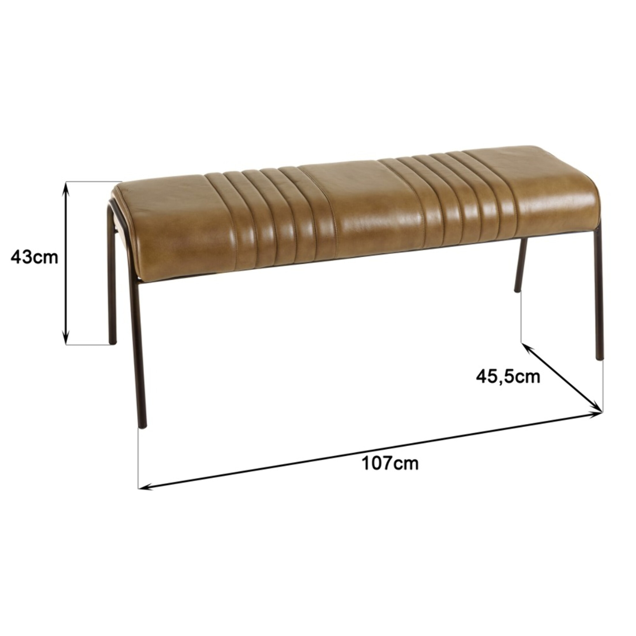 MARCEL - Banc matelassé en cuir marron et pieds acier
