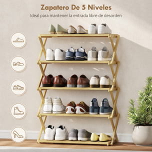 Zapatero Estrecho de Bambú, Zapatero Vertical Plegable de 5 Niveles, Sin Instalación, Estantería para Zapatos para Entrada, Pasillo, Dormitorio, Natural
