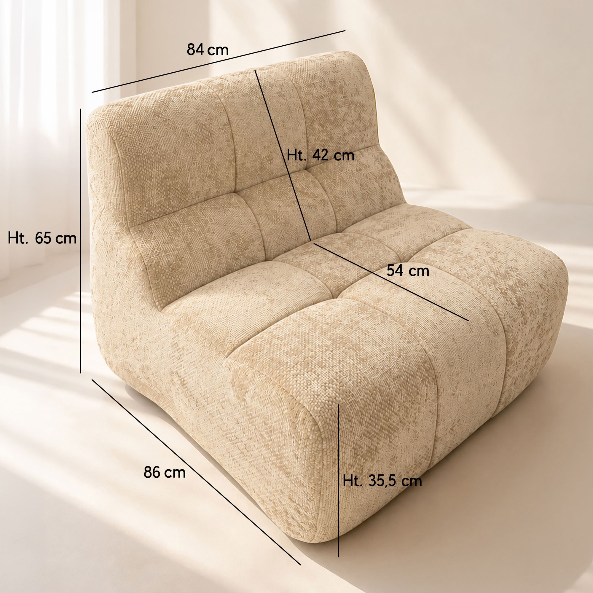 Fauteuil compressé en tissu chenille entrelacé écru VOLTA