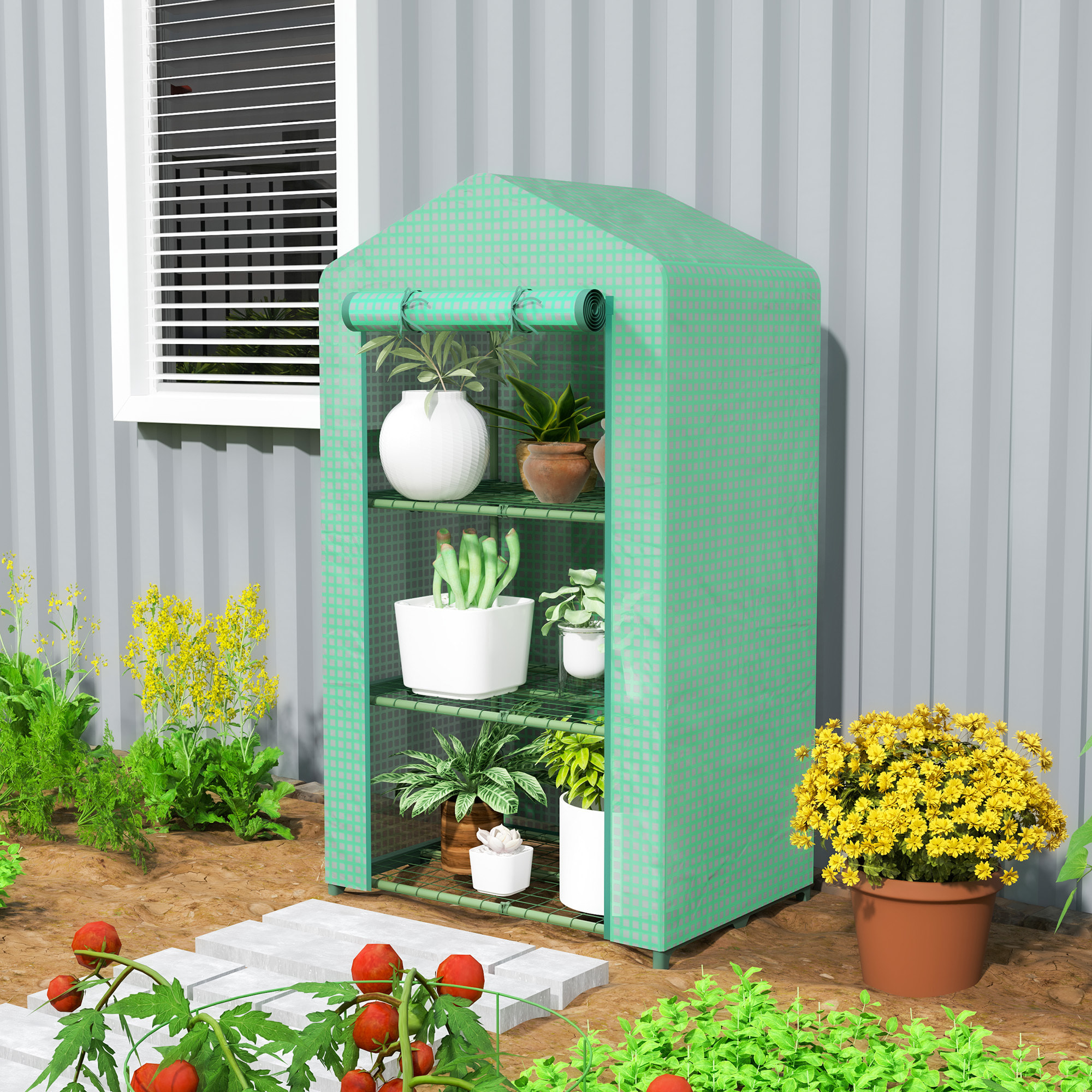 Invernadero de Jardín de 3 Niveles, Invernadero de Exterior con 3 Estantes, Puerta Enrollable, Marco de Metal, Cubierta de PE, Anti-UV, Impermeable, para Terraza, Patio, 69x49x125 cm, Verde