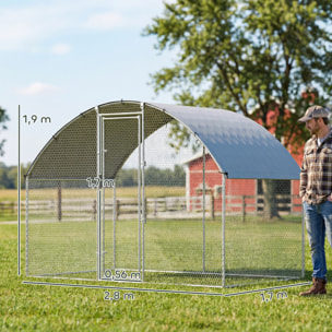 Gallinero para Exterior, 2,8x1,7x1,9 m, 4,7 m², Gallinero de Acero Galvanizado con Cubierta de Tela Oxford, Anti-UV e Impermeable, Puerta y Pestillos, Jaula para 5-8 Gallinas, Plata
