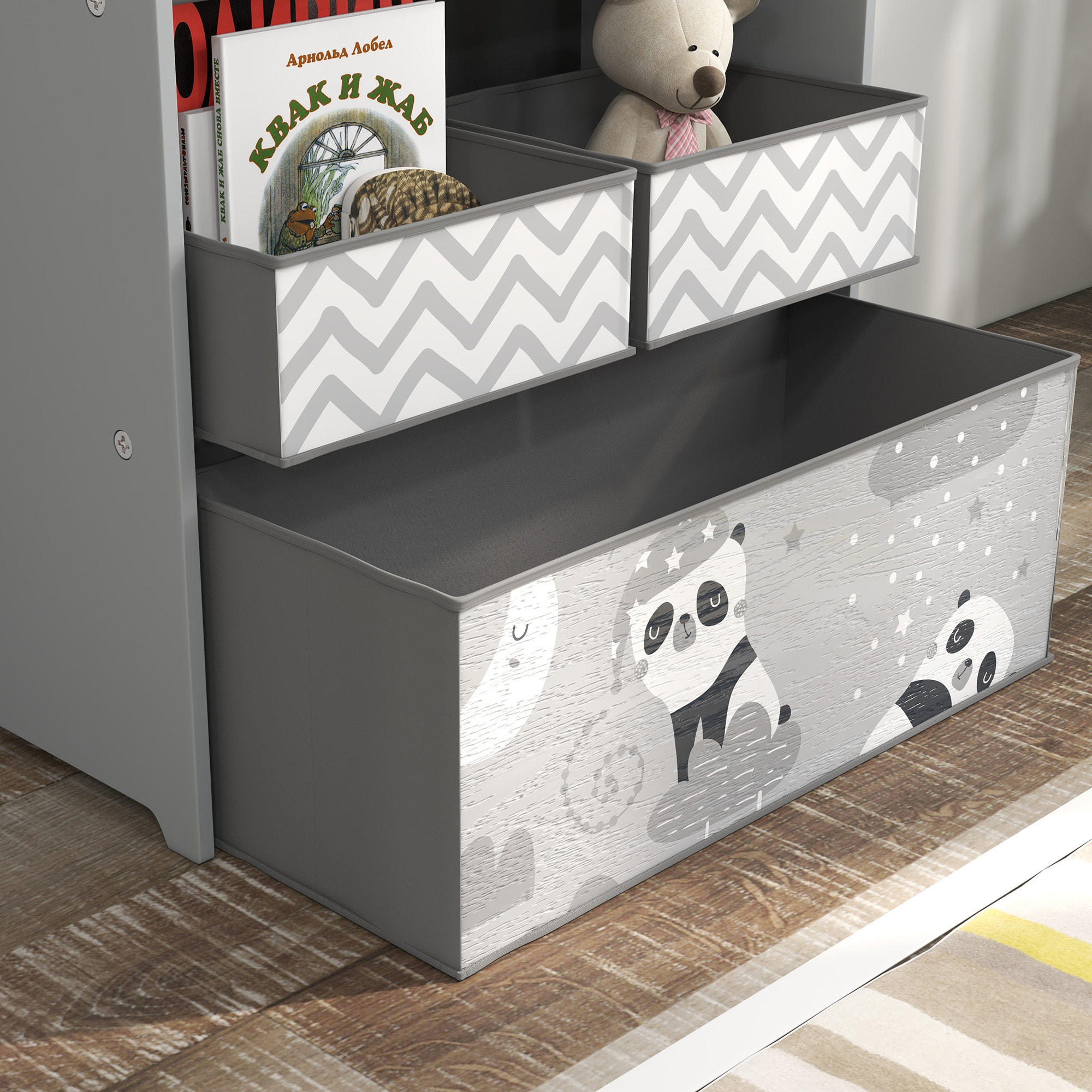Étagère de rangement enfant design night panda - 6 tiroirs - MDF tissu non tissé - gris