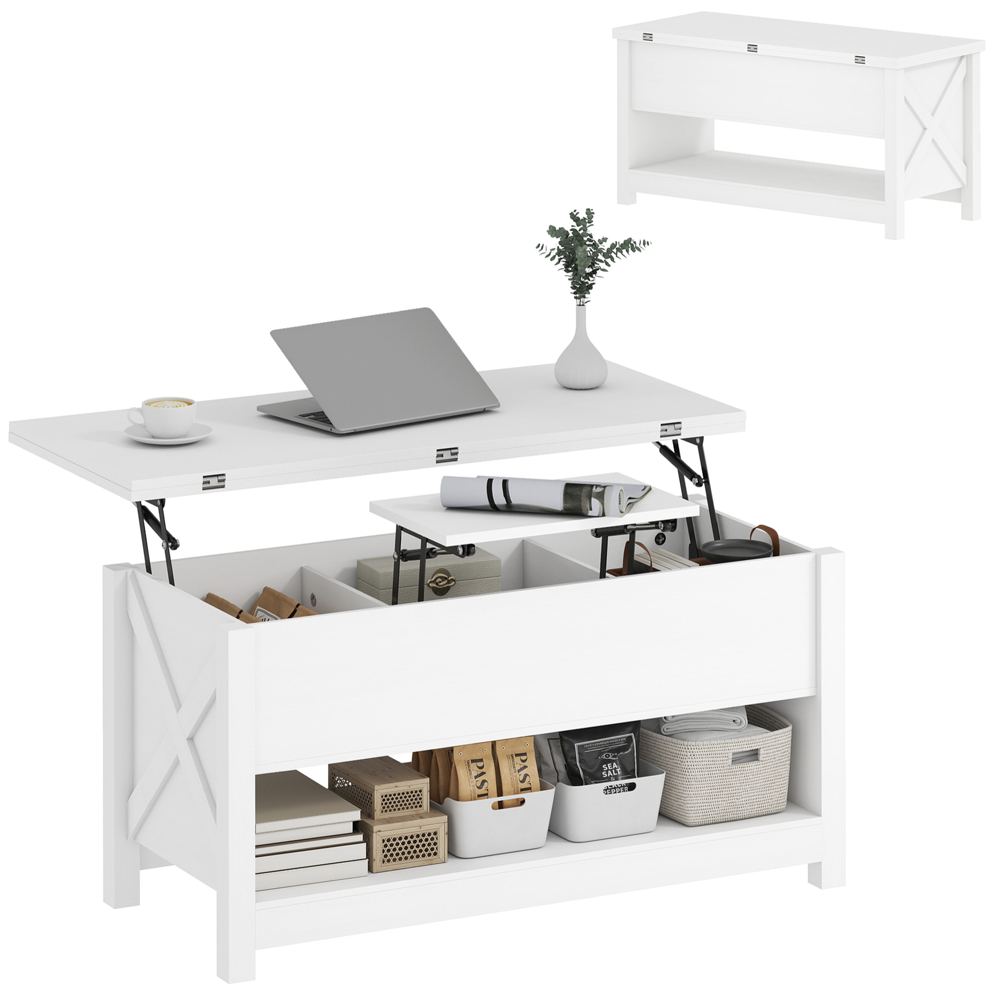 Mesa de Centro Elevable y Extensible, Mesa de Salón con Compartimentos Ocultos, Estante Abierto, para Comedor, Oficina, 100x90x64 cm, Blanco