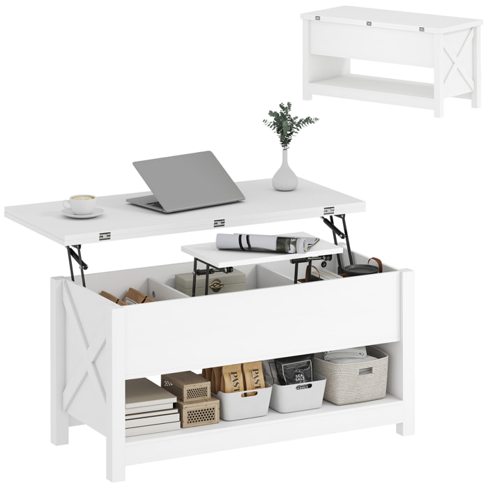 Mesa de Centro Elevable y Extensible, Mesa de Salón con Compartimentos Ocultos, Estante Abierto, para Comedor, Oficina, 100x90x64 cm, Blanco