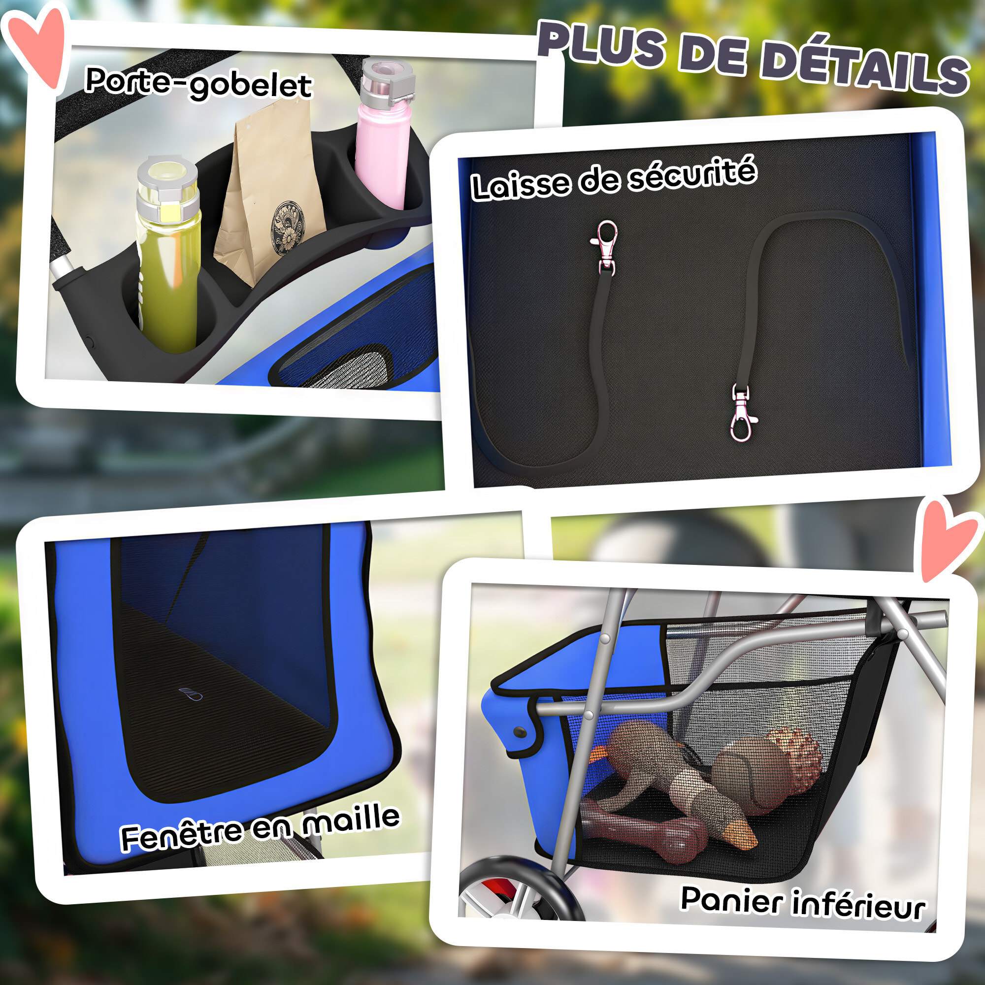 Poussette buggy pliable chien chat porte-gobelet panier de rangement inclus 4 roues bleu
