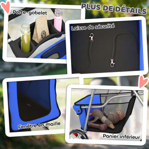 Poussette buggy pliable chien chat porte-gobelet panier de rangement inclus 4 roues bleu