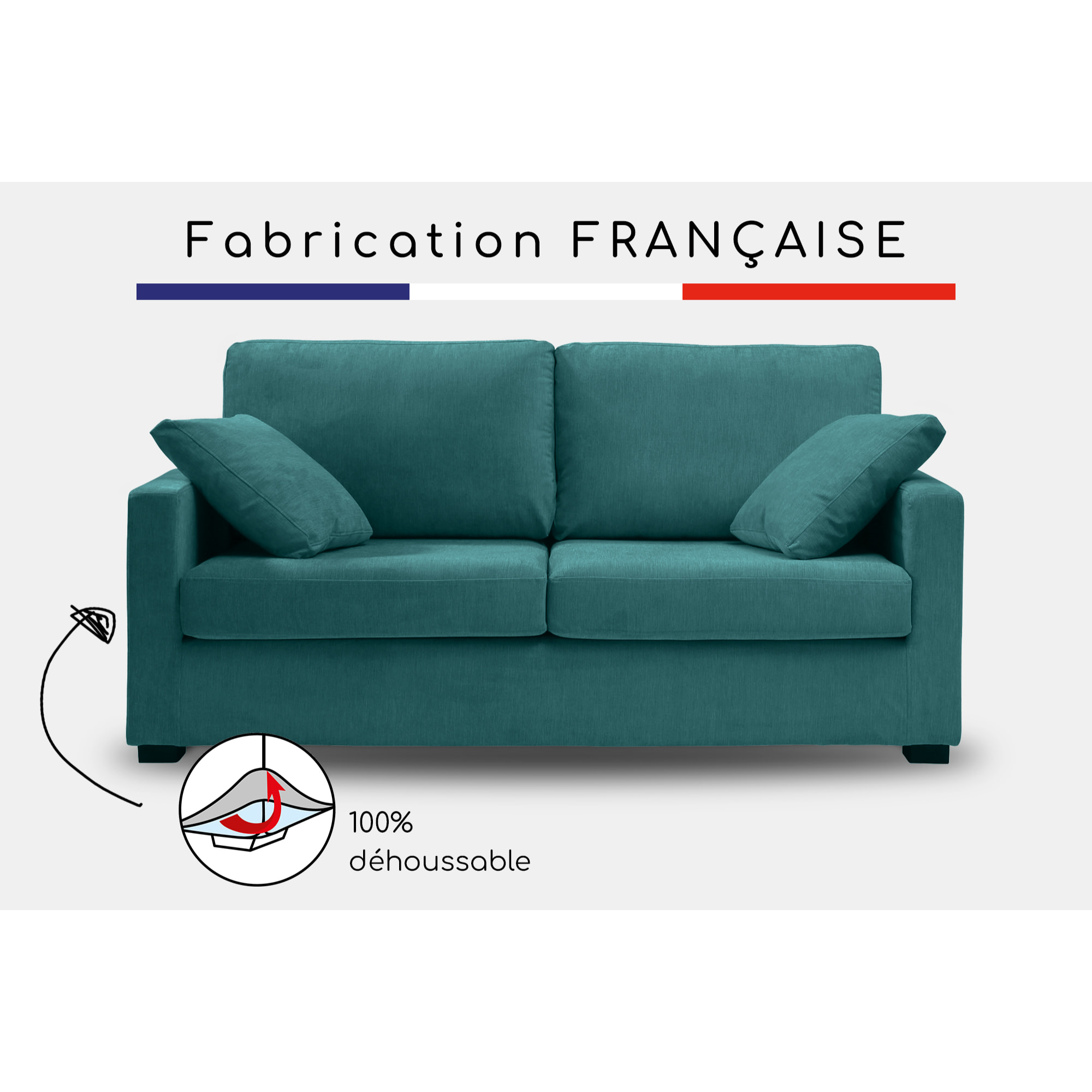 Canapé 3 pl LYS 175 cm fixe tissu Moderne Océan - 100% déhoussable - Fabriqué en France