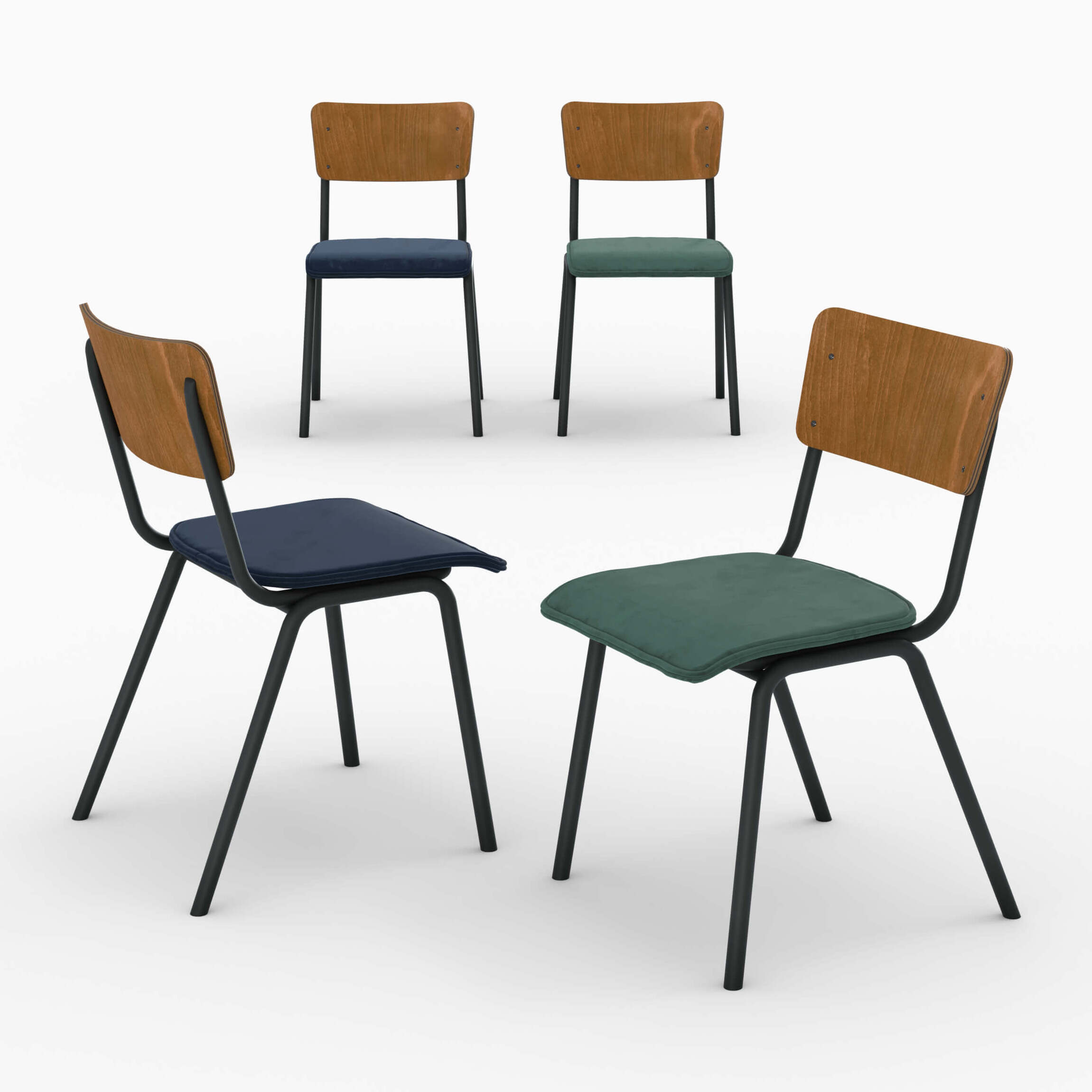 Pack 4 chaises Nico en velours bleu et vert