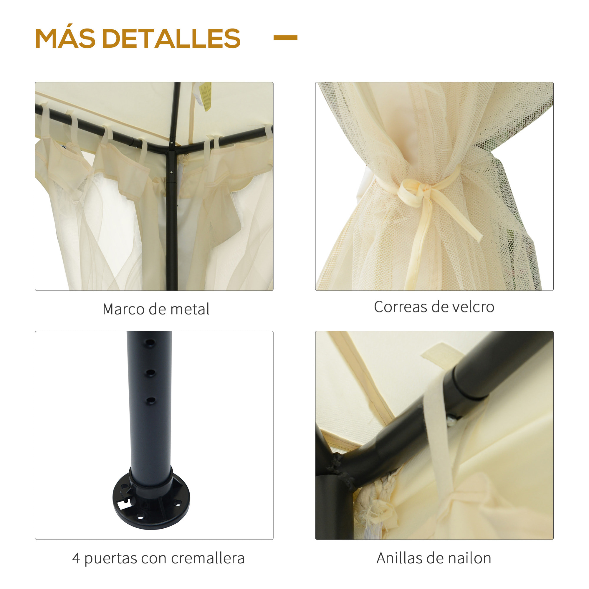 Cenador de Jardín 3x3 m Pabellón de Exterior con Doble Techo de Ventilación 4 Cortinas Mosquiteras Laterales con Cremallera 4 Orificios de Drenaje para Fiestas Patio Crema