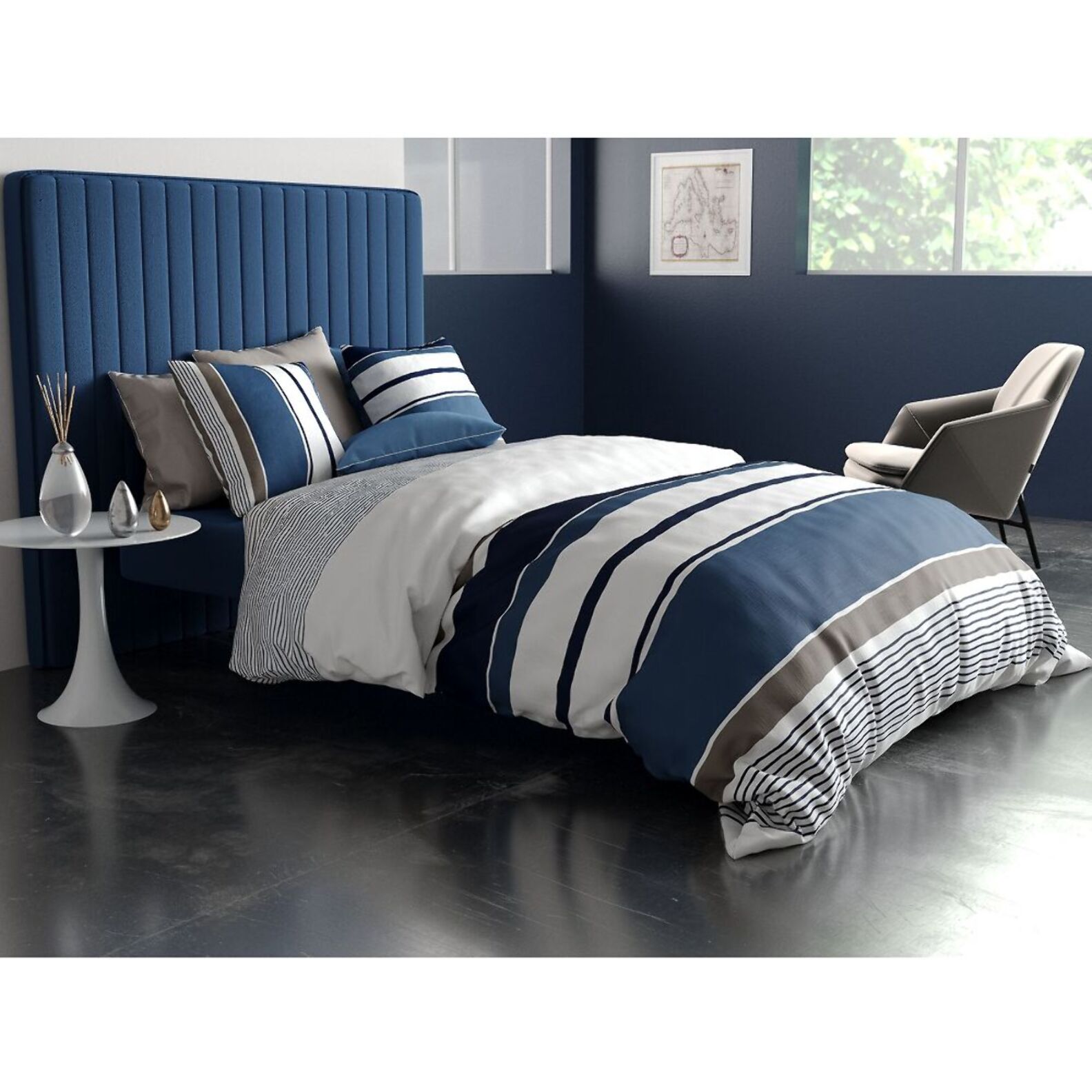 Parure housse de couette coton bleu gris