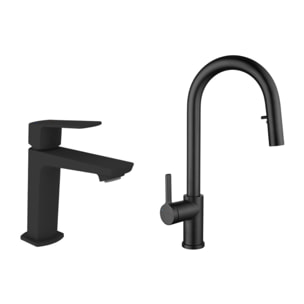 Feel set mitigeur lavabo + mitigeur cuisine Ceramia Timeless acier inoxydable, douchette extractible, noir mat (SATCSFTML271BMC)