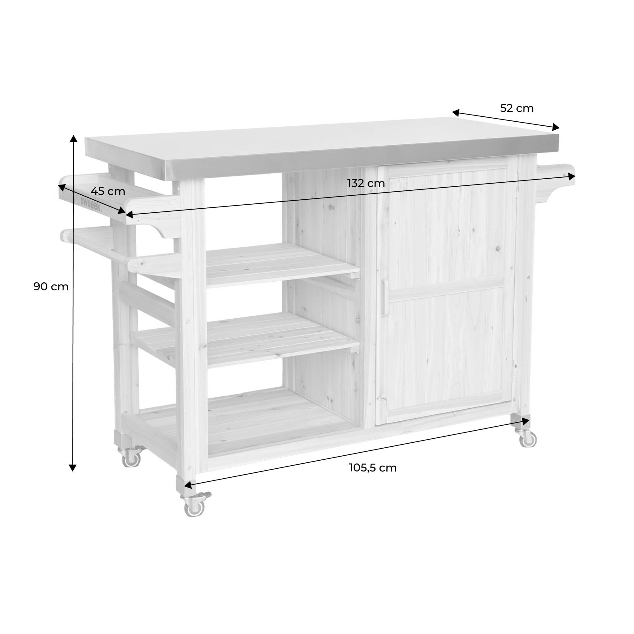 Cuisine d'extérieure 115cm bois avec poignées. 4 roues et 5 espaces de rangement. L 115 x l 51.5 x h 89.5cm