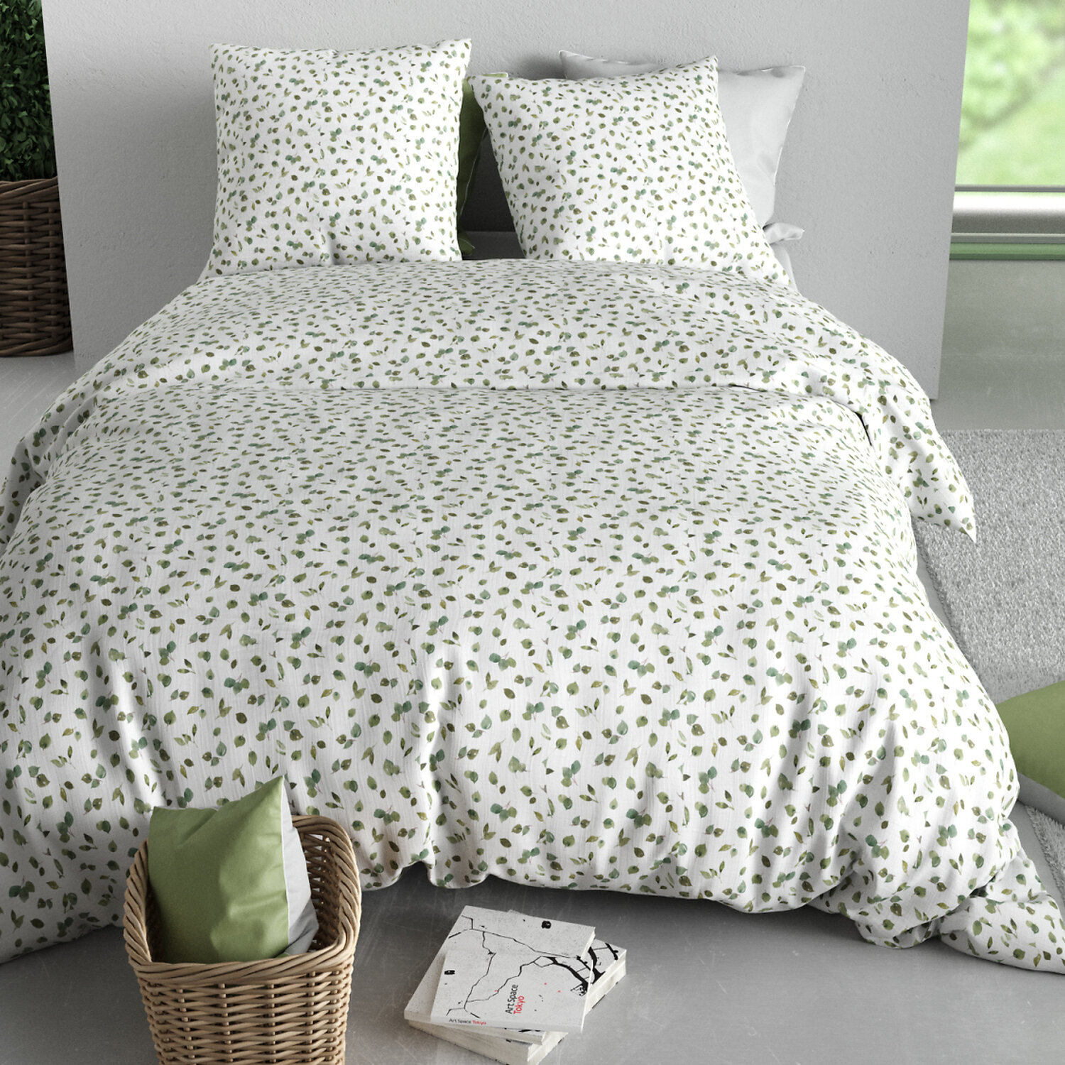 Parure housse de couette imprimé 100% coton - mérise - vert