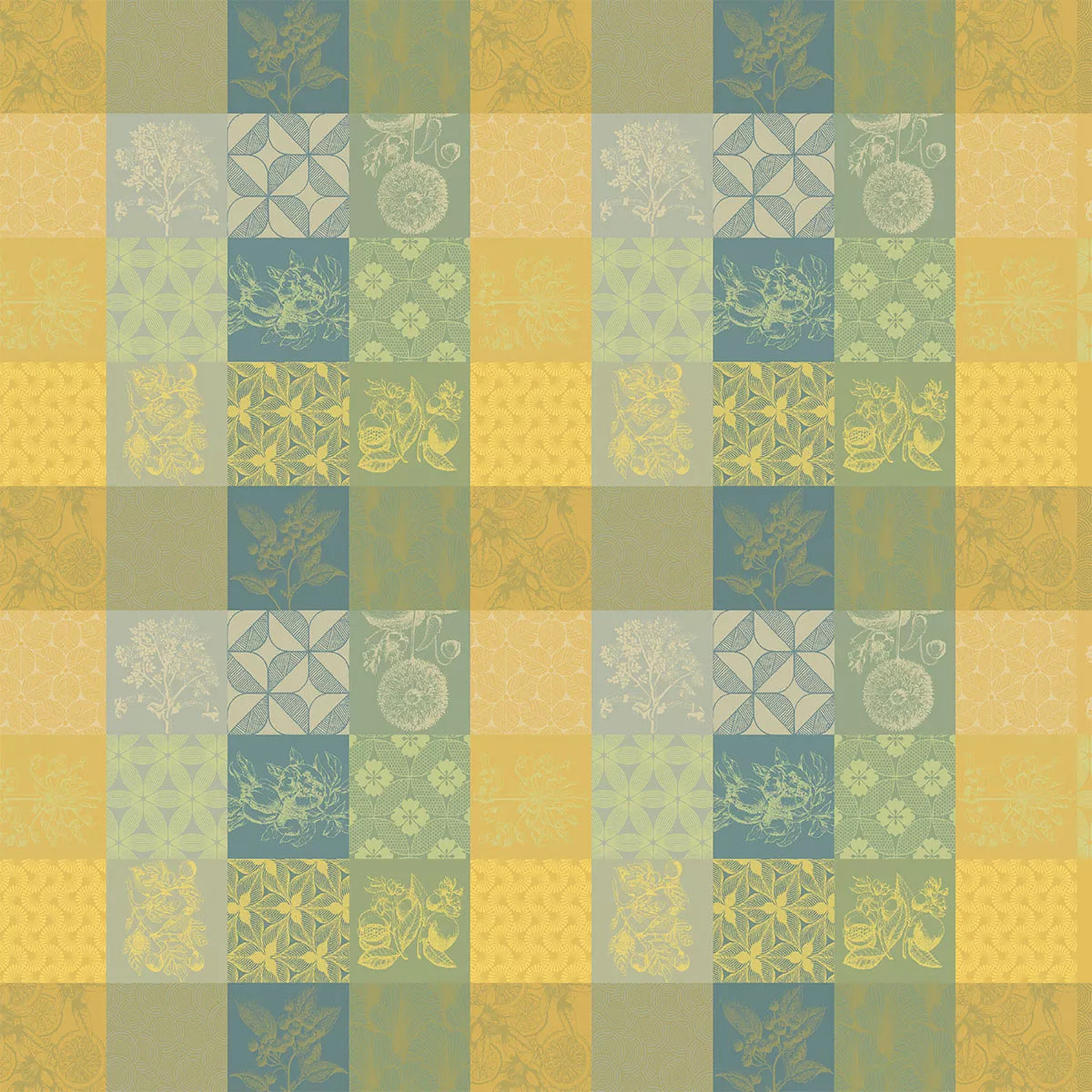 Nappe pur coton enduit motif jacquard jaune vert Mille parfums limoni