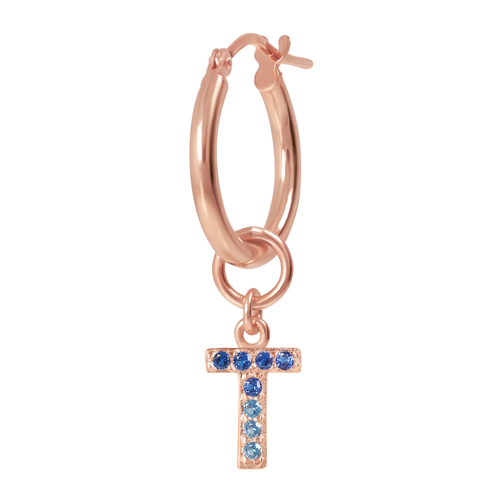 Orecchino a Cerchio con Ciondolo Lettera T in Pavé di Cubic Zirconia Blu