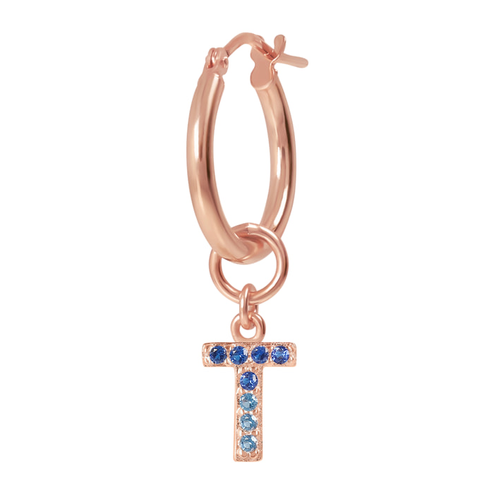 Orecchino a Cerchio con Ciondolo Lettera T in Pavé di Cubic Zirconia Blu