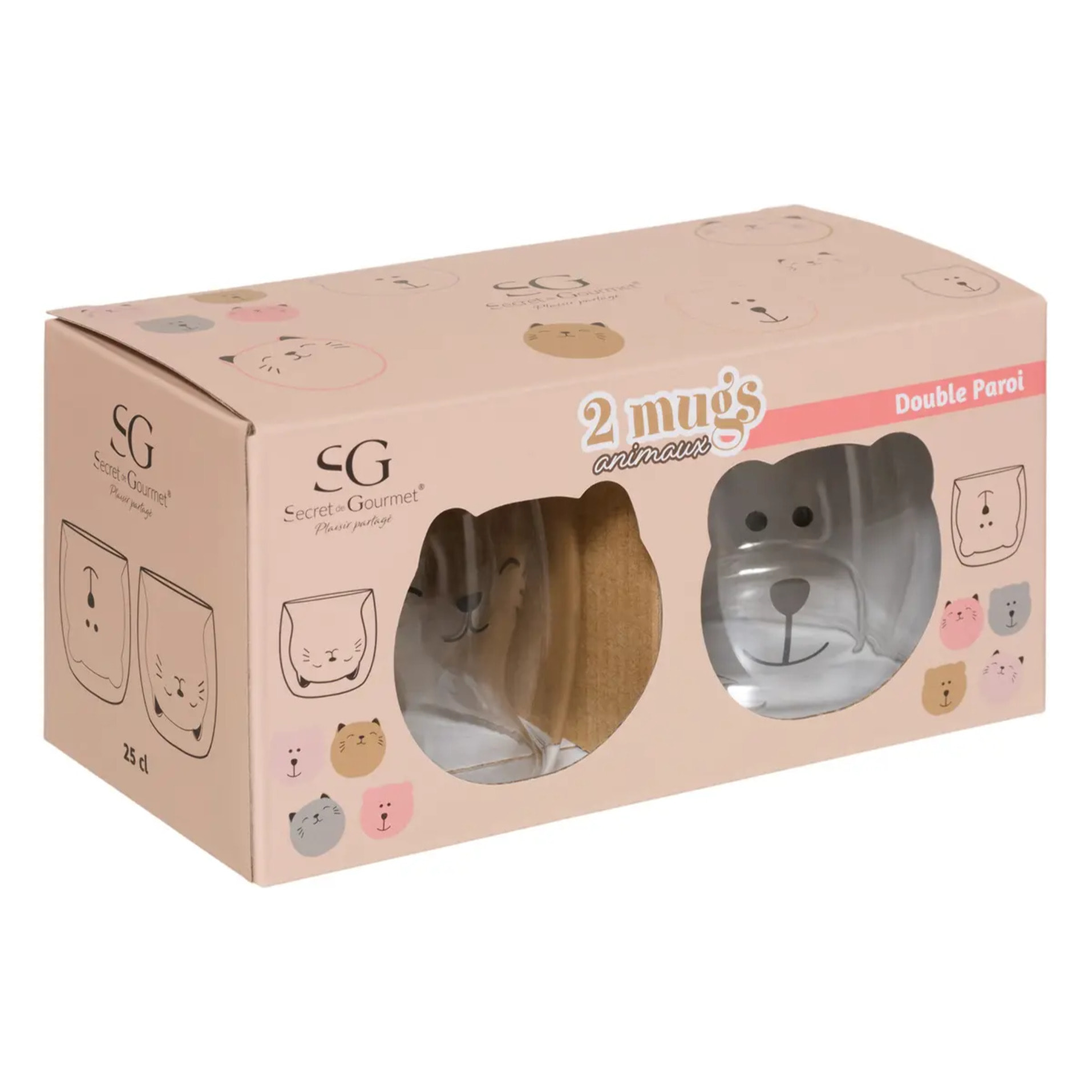Coffret 2 mugs S animaux 250ml transparent