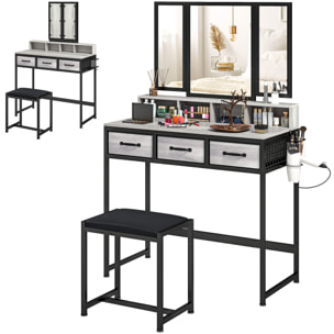 Tocador de Maquillaje con Espejo Tríptico Desmontable, Tocador con Taburete, 3 Cajones de Tela, Estantes, Soporte para Secador de Pelo, Cesta Metálica, para Dormitorio, Vestidor, Gris
