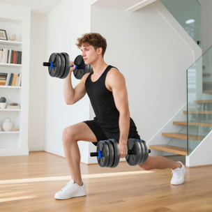 Ensemble d'haltères musculation multifonction 3 en 1 - haltères, Olympic barre, Curl EZ barre - total 25Kg - PVC bleu noir