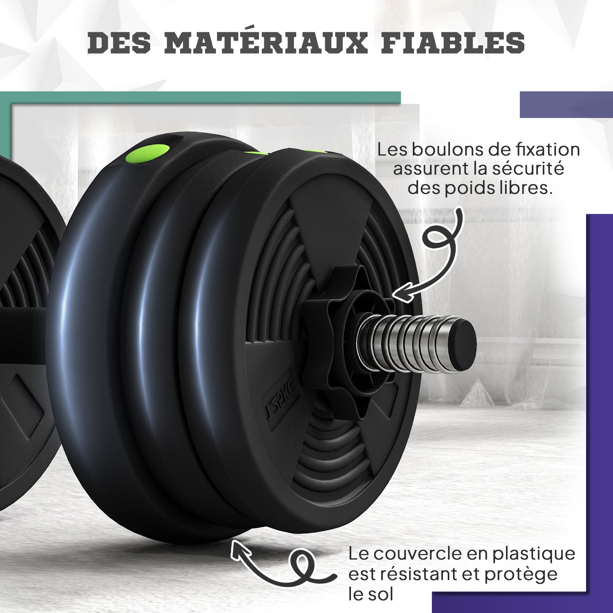Haltères 2 en 1 réglables - haltères libres 20 Kg - barres incluses - entraînement musculaire & haltérophilie - noir vert