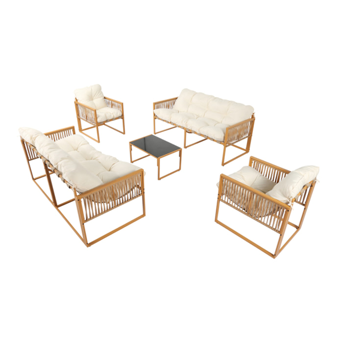 FORLI Salon de jardin 8 places effet rotin coussins blancs