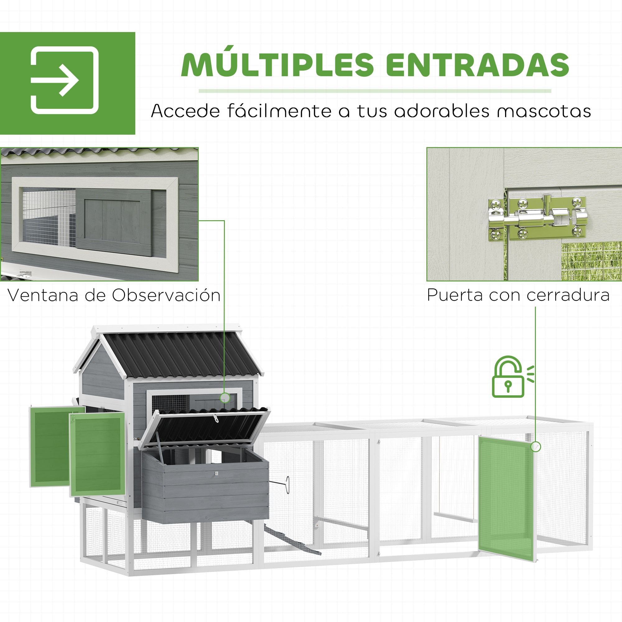 Gallinero para Exterior Gallinero de Madera Jaula Grande para 10-15 Gallinas con Columpio Perchas Bandeja Extraíble y Rampa 315,5x150,5x140,5 cm Gris