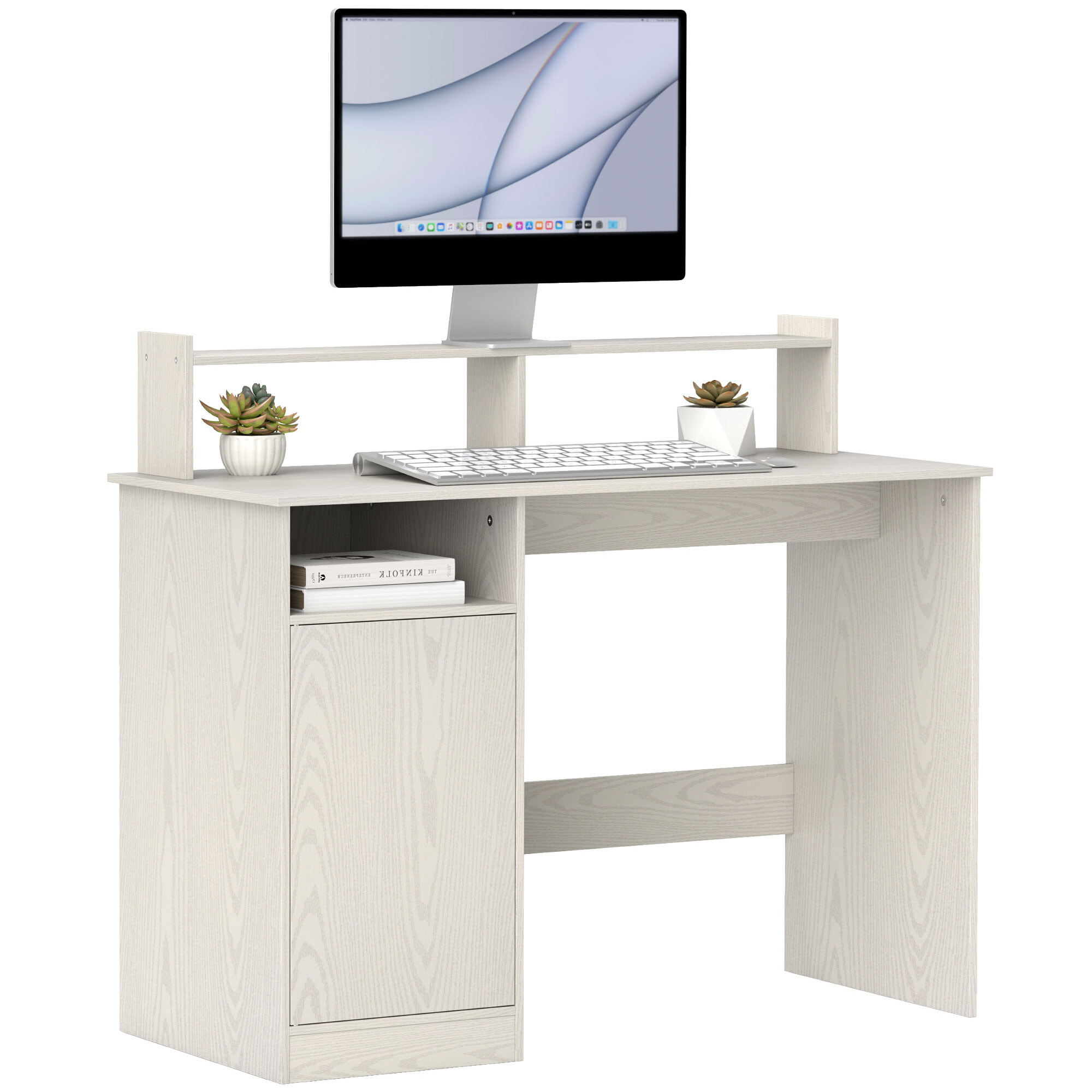 Escritorio con Estantería Moderno Escritorio con Puerta Compartimentos Abiertos y Soporte para Monitor Mesa para Estudio Dormitorio Hogar Oficina 108x50x94 cm Crema