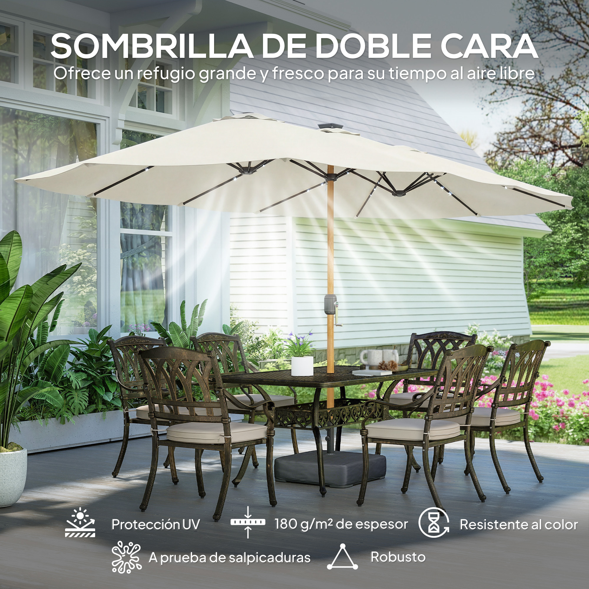Sombrilla Doble con 48 Luces LED, 4,6x2,6 m, Sombrilla Terraza Exterior con Base Incluida, Manivela, Sacos Arena, Funda, Anti-UV, Resistente al Agua, Parasol para Jardín, Terraza, Crema