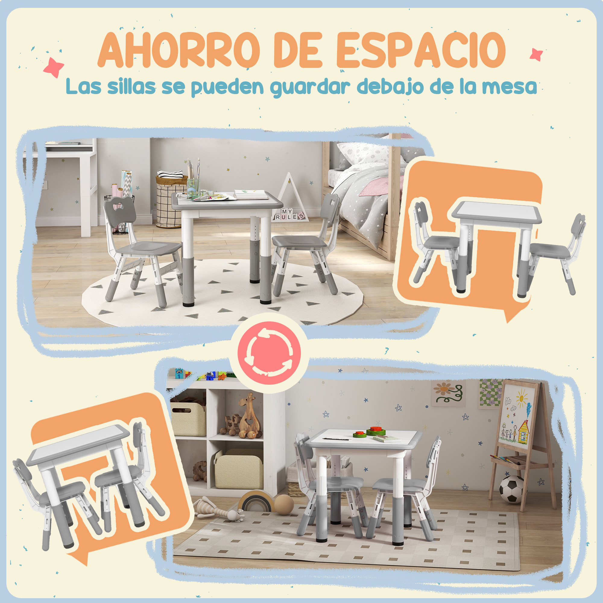 Mesa y Sillas Infantiles de 3 Piezas con Altura Ajustable Mesa Infantil con 2 Sillas Fácil de Limpiar para Niños de 18 Meses a 5 Años para Sala de Juegos Dormitorio Guardería Blanco y Gris