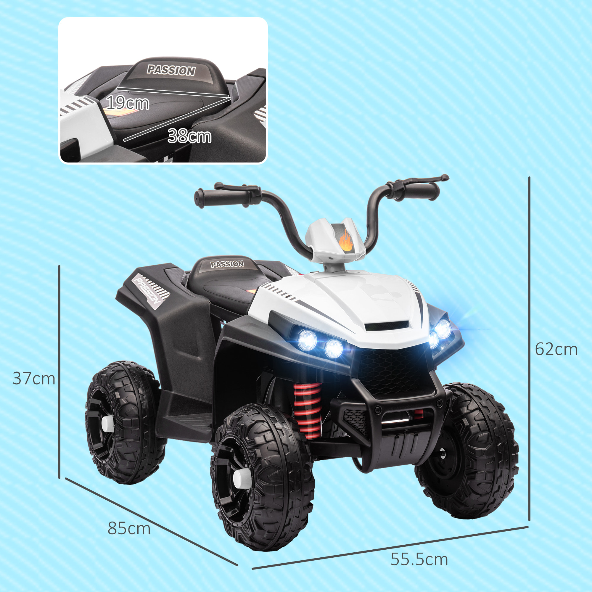 Quad Eléctrico para Niños de +3 Años Coche Eléctrico para Niños con Batería 12V Velocidad 5 km/h Faros Música MP3 Avance y Retroceso Carga 30 kg Blanco