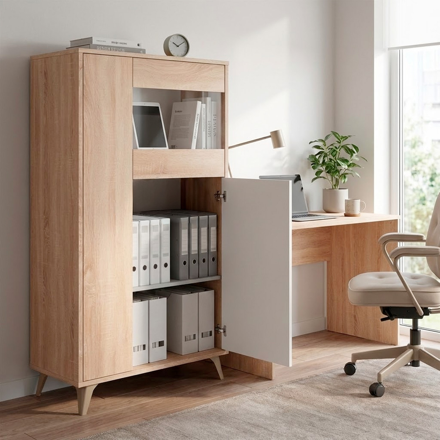 Credenza Con Vetrina Moderna Mobile contenitore Con Ripiani Interni In Truciolare Melaminico Ideale Per Soggiorno 77 x 33 x 142 Cm Bianco E Rovere