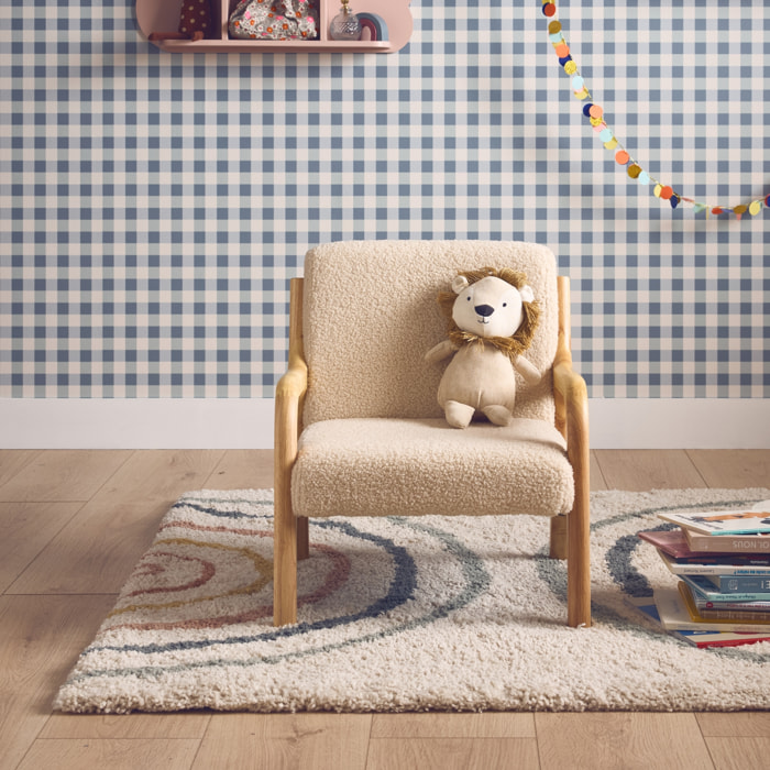 Fauteuil scandinave enfant en bois et tissu bouclette beige