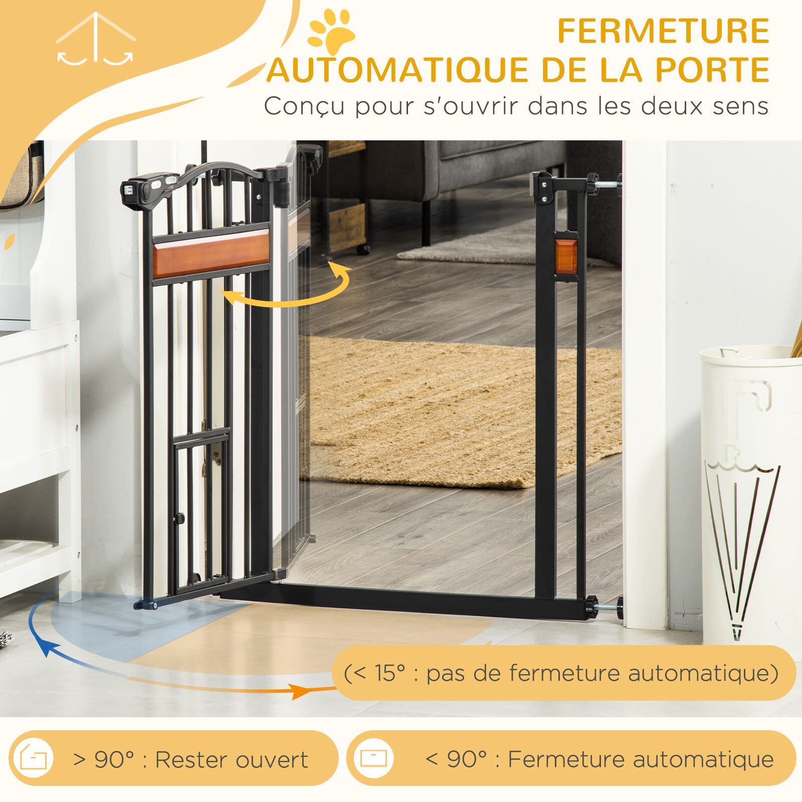 Barrière de sécurité animaux - longueur réglable dim. 74-80 cm - 2 portes verrouillables, ouverture double sens - sans perçage - acier noir pin