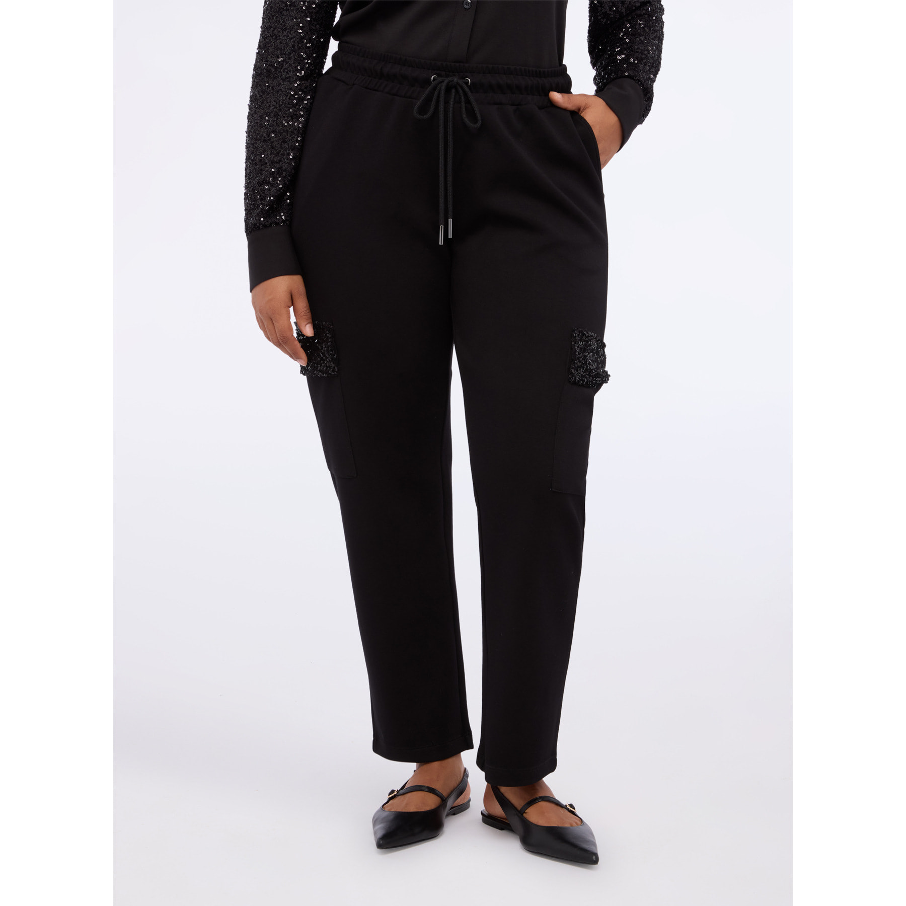 Fiorella Rubino - Pantaloni cargo in tessuto scuba con paillettes - Nero