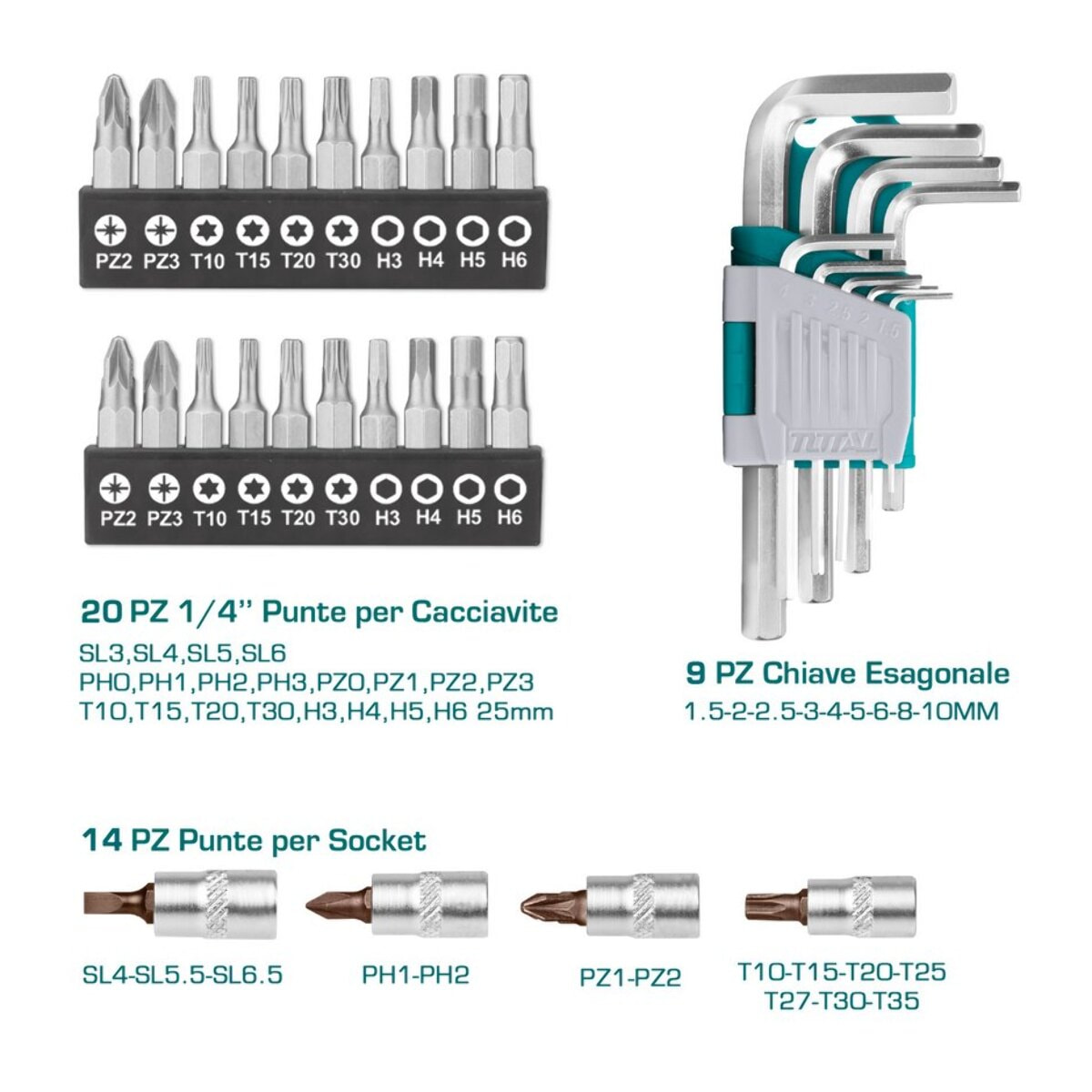 Set da 100 pezzi - Chiavi a bussola, Esagonali e Pinze