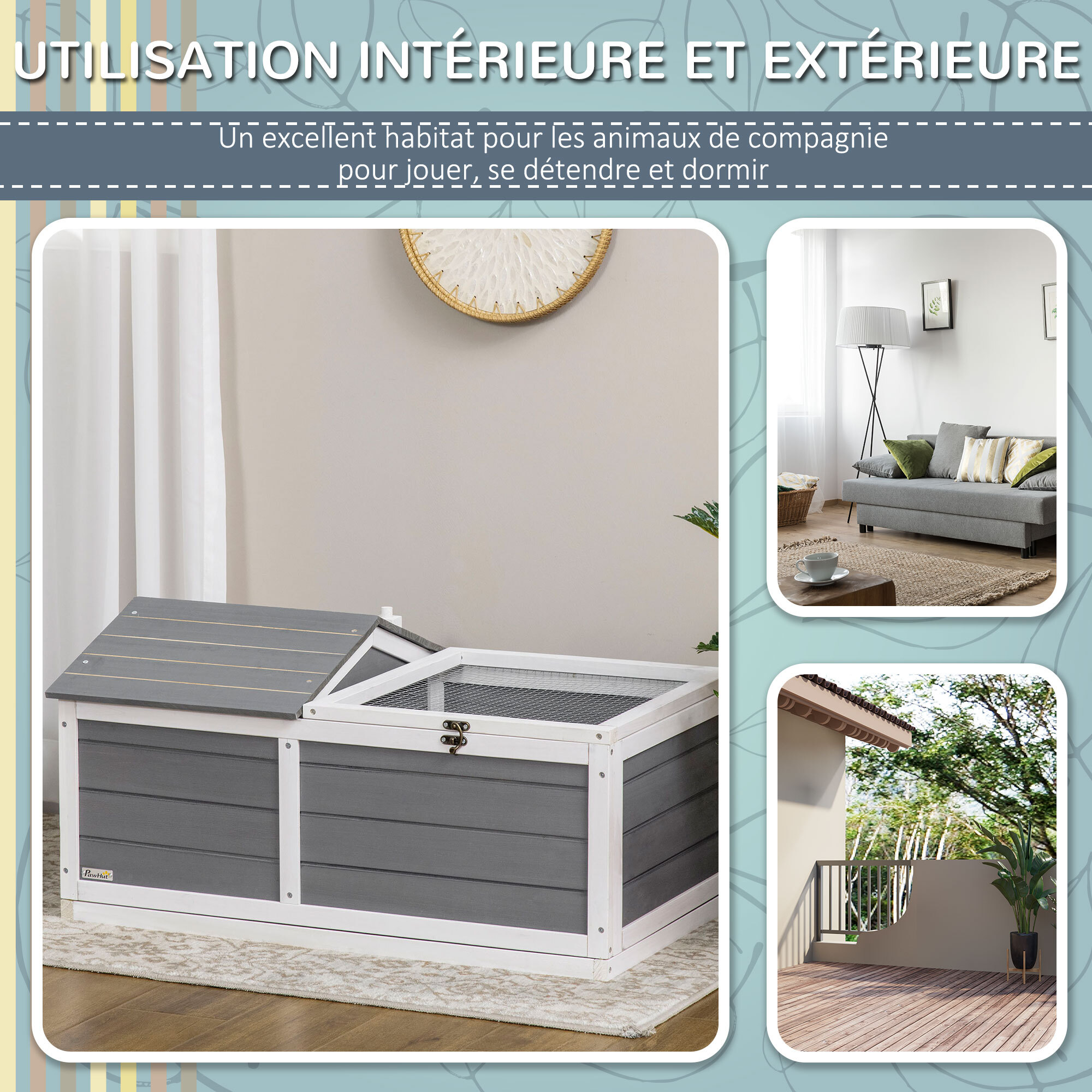 Enclos pour tortue - parc pour tortue - niche, enclos extérieur grillagé, toit ouvrant verrouillable - sapin gris blanc