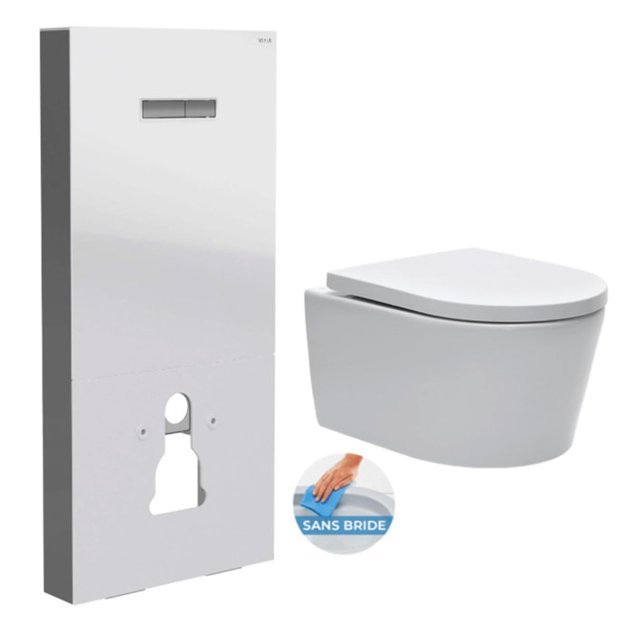 Pack WC Bâti support Vitra en verre trempé/aluminium brossé avec plaque intégrée, Blanc + WC sans bride SAT + Abattant softclose