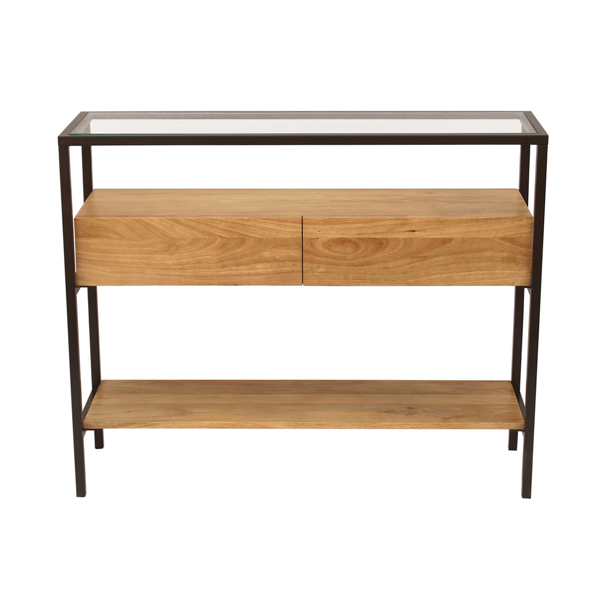 Console en bois clair manguier massif et plateau en verre 2 tiroirs L100 cm SITA