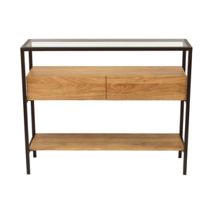 Console en bois clair manguier massif et plateau en verre 2 tiroirs L100 cm SITA