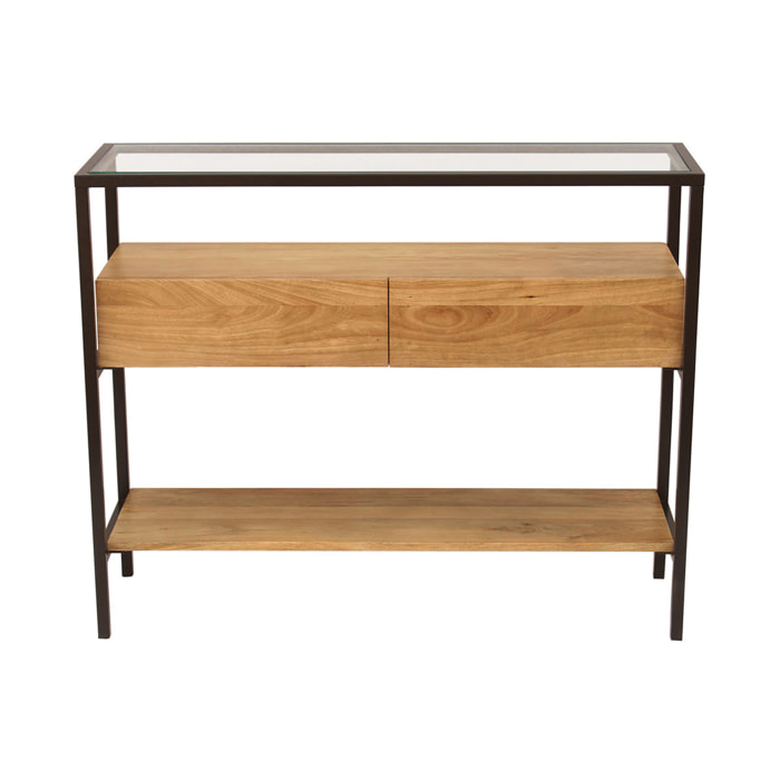 Console en bois clair manguier massif et plateau en verre 2 tiroirs L100 cm SITA